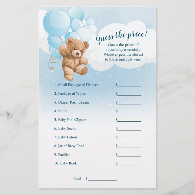 Blue Teddy Bear Guess The Price Baby Shower Game Flyer (Front)