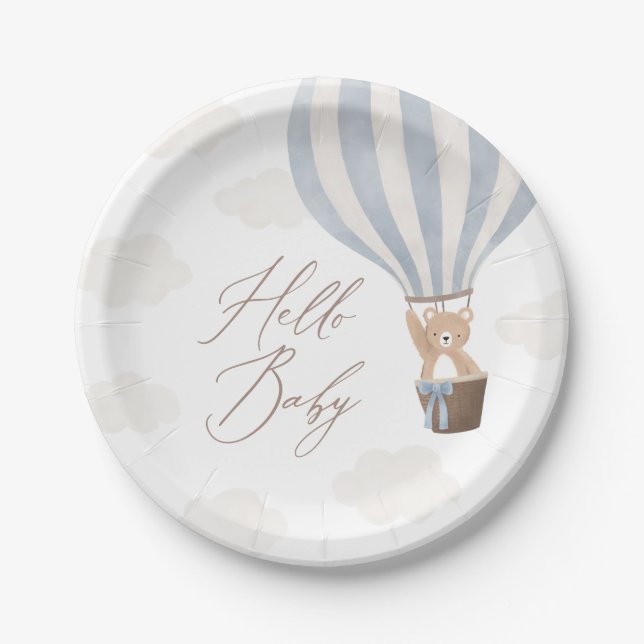 Blue Teddy Bear Hot Air Balloon Baby Shower Paper Plate (Front)