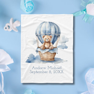 Blue Teddy Bear Hot Air Balloon Birth Stats Baby Fleece Blanket