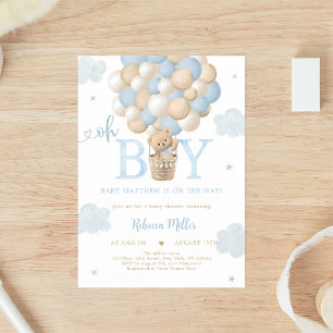 Blue Teddy Bear Hot Air Balloon Boy Shower Invitation