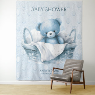 Blue Teddy Bear in Basket Backdrop Tapestry