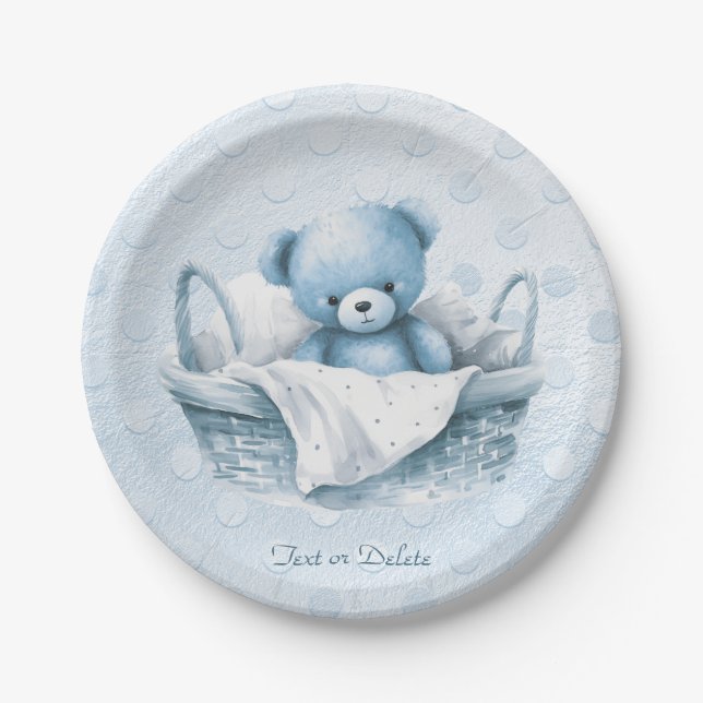 Blue Teddy Bear in Basket Paper Plate (Front)