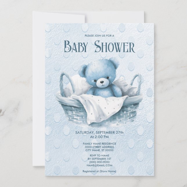 Blue Teddy Bear in Basket Shower Invitation (Front)