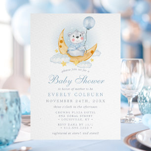 Blue Teddy Bear Moon and Stars Boy Baby Shower Invitation