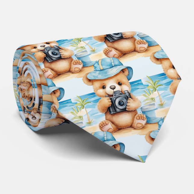 Blue Teddy Bear  Neck Tie (Rolled)