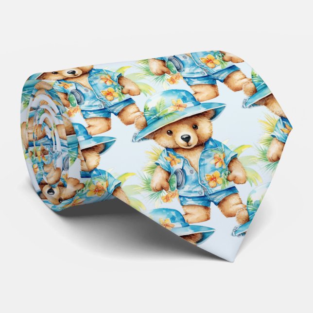 Blue Teddy Bear  Neck Tie (Rolled)