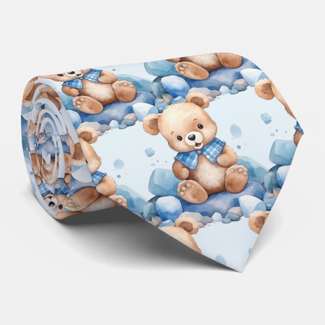 Blue Teddy Bear  Neck Tie (Rolled)