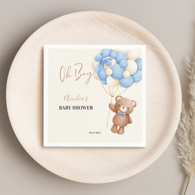 Blue Teddy Bear Oh Boy Balloon Baby Shower Party Napkin (Creator Uploaded)