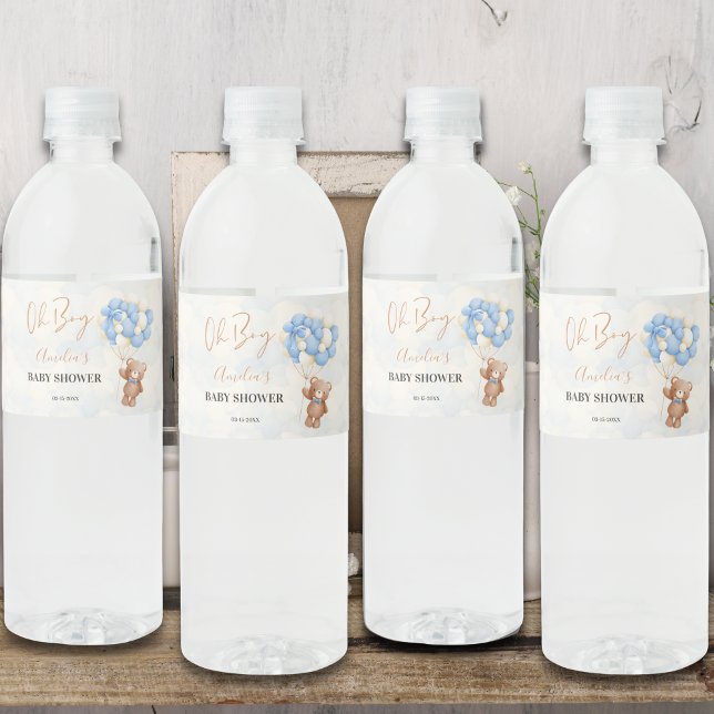 Blue Teddy Bear Oh Boy Balloon Baby Shower Water Bottle Label (Creator Uploaded)