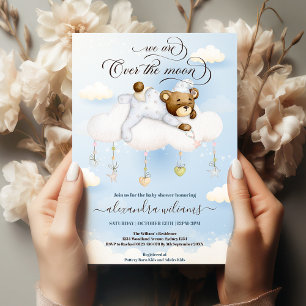 Blue Teddy Bear on Moon Baby Shower Invitation