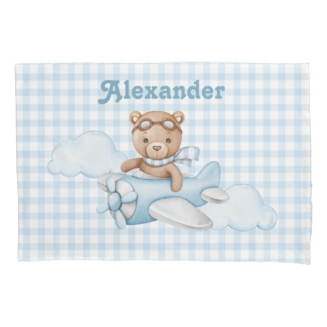 Blue Teddy Bear on plane Pillowcase (Front)