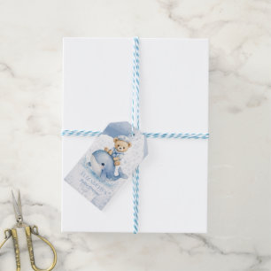 Blue Teddy Bear On Whale Baby Shower Thank You Gift Tags