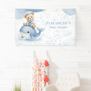 Blue Teddy Bear On Whale Boy Baby Shower Banner