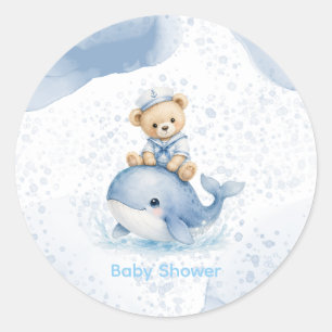 Blue Teddy Bear On Whale Boy Baby Shower Classic Round Sticker