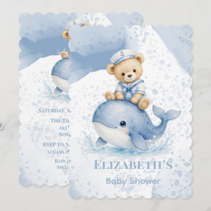 Blue Teddy Bear On Whale Boy Baby Shower Invitation