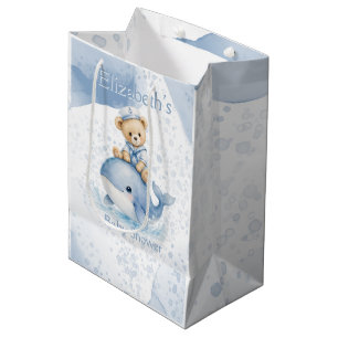 Blue Teddy Bear On Whale Boy Baby Shower Medium Gift Bag