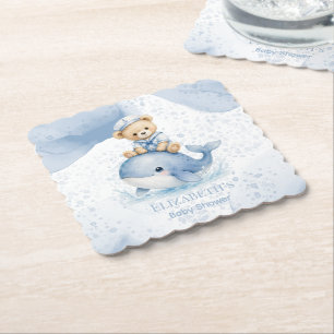 Blue Teddy Bear On Whale Boy Baby Shower Paper Coaster