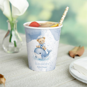 Blue Teddy Bear On Whale Boy Baby Shower Paper Cups
