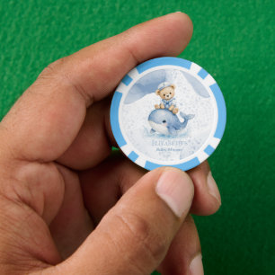Blue Teddy Bear On Whale Boy Baby Shower Poker Chips