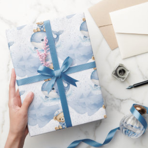 Blue Teddy Bear On Whale Boy Baby Shower Wrapping Paper