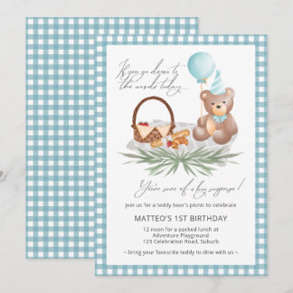 Blue Teddy Bear Picnic First Birthday Balloons Invitation