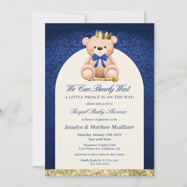 Blue Teddy Bear Prince Baby Shower Invitation (Front)