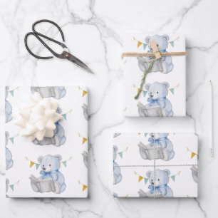 Blue Teddy Bear reading a book Baby Shower Wrapping Paper Sheet