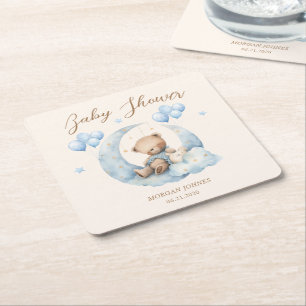 Blue Teddy Bear Stars Baby Shower Square Paper Coaster