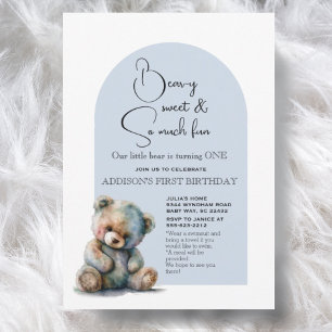 Blue Teddy Bear Theme Watercolor First Birthday Invitation