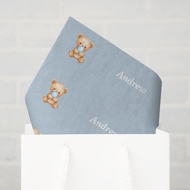 Blue Teddy Bear Tissue Paper, Custom Name Paper (Gift Bag)