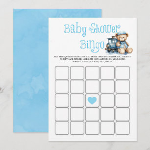 Blue Teddy Bear Train Boy Baby Shower Bingo Card