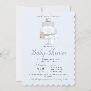 Blue Teddy Bear Train Cake Boy Baby Shower Invitation