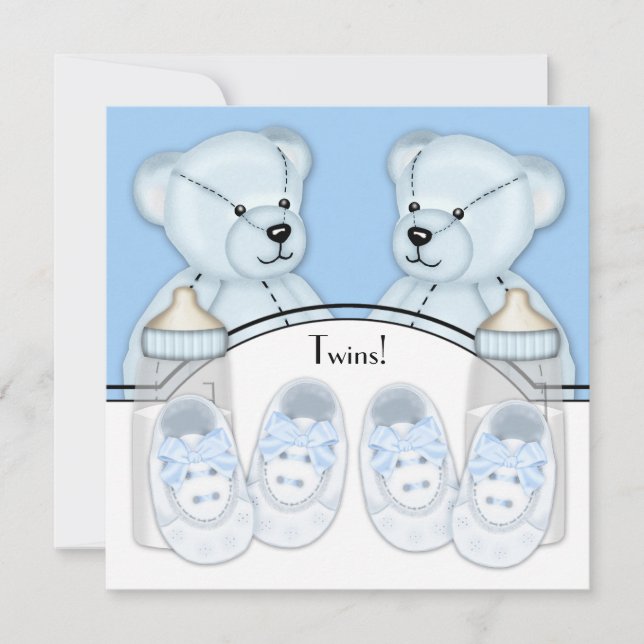 Blue Teddy Bear Twin Boys Baby Shower Invitation (Front)