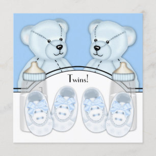 Blue Teddy Bear Twin Boys Baby Shower Invitation