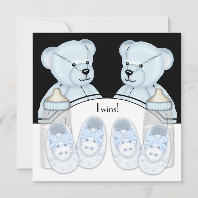 Blue Teddy Bear Twin Boys Baby Shower Invitations (Front)