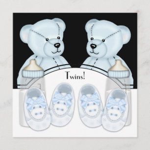 Blue Teddy Bear Twin Boys Baby Shower Invitations