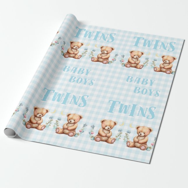 Blue Teddy Bear Twins Typography Baby Shower Wrapping Paper (Unrolled)