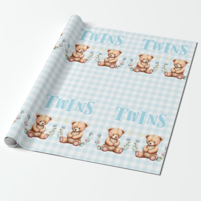 Blue Teddy Bear Twins Typography Baby Shower Wrapping Paper (Unrolled)
