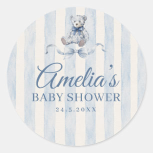 Blue Teddy Bear Watercolor Stripes Baby Shower Classic Round Sticker