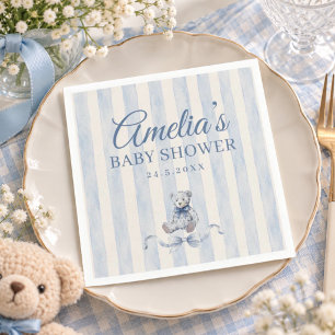 Blue Teddy Bear Watercolor Stripes Baby Shower Napkin