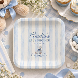 Blue Teddy Bear Watercolor Stripes Baby Shower Paper Plate