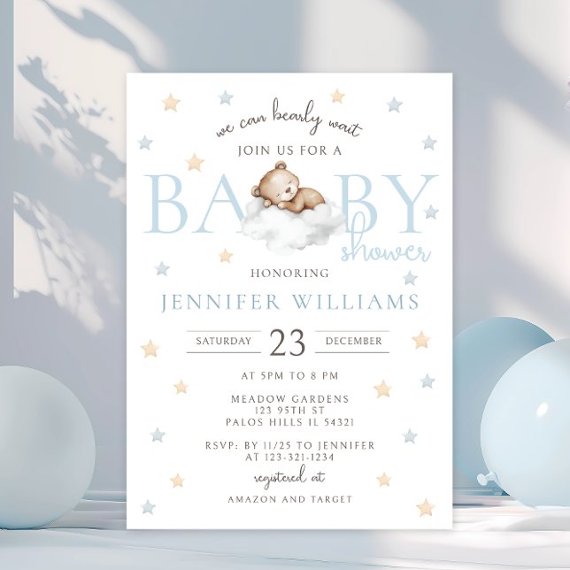 Blue Teddy Bear We Can Bearly Wait Baby Boy Shower Invitation (Creator Uploaded)