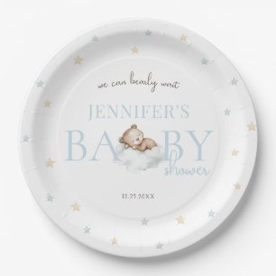 Blue Teddy Bear We Can Bearly Wait Baby Boy Shower Paper Plate