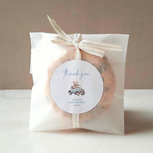 Blue Teddy Bear We Can Bearly Wait Baby Shower  Classic Round Sticker (Creator Uploaded)