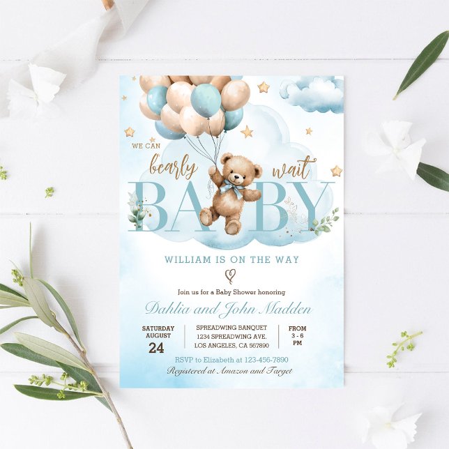 Blue Teddy Bear We Can Bearly Wait Baby Shower Invitation (Creator Uploaded)