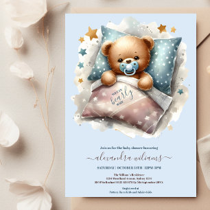 Blue Teddy Bear We Can Bearly Wait Baby Shower Invitation