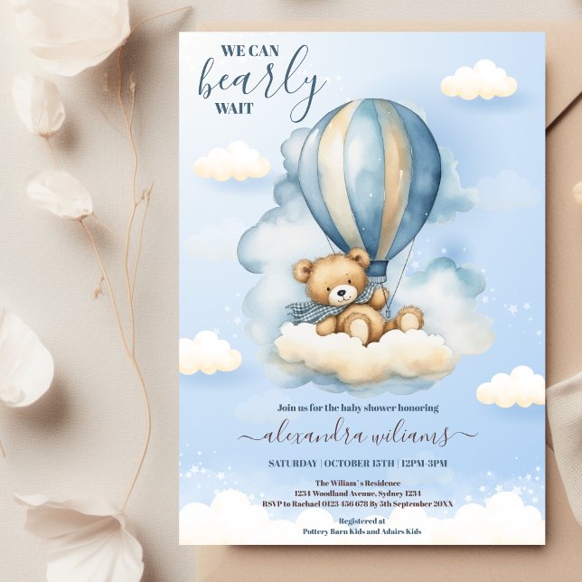 Blue Teddy Bear We Can Bearly Wait Baby Shower Invitation (Creator Uploaded)