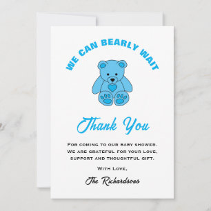 Blue Teddy Bear We Can Bearly Wait Baby Shower Thank You Card