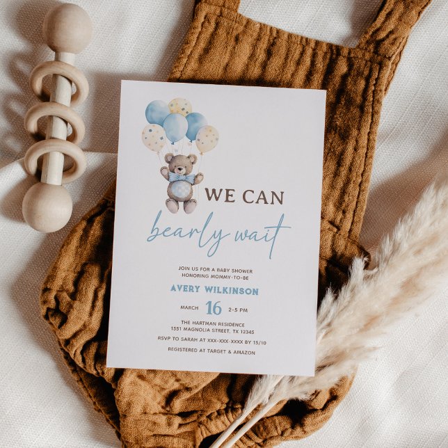 Blue Teddy Bear We Can Bearly Wait Boy Baby Shower Invitation (Creator Uploaded)