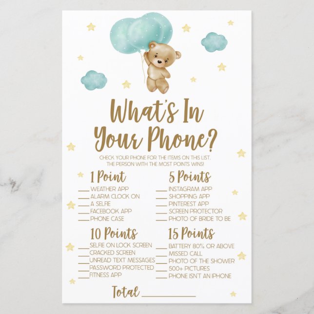 Blue Teddy Bear What's In Phone Baby Shower Game (Front)